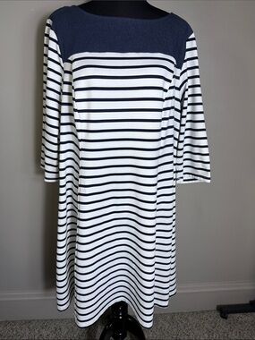 Studio One New York Striped Navy & White Boatneck A-Line Dress 3/4 Sleeves Sz 18